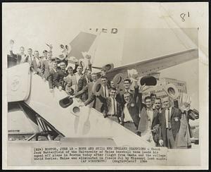 Home and Still New England Champions- Coach Jack Butterfield of the University of Maine baseball team leads his squad off plane in Boston today after flight from Omaha and the college World Series, Maine was eliminated in finals 2-1 by Missouri last night.
