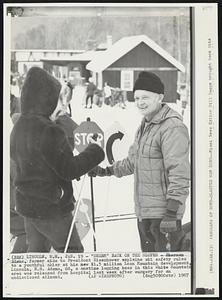 "Sherm" Back on the Slopes - Sherman Adams, former aide to President Eisenhower explains ski safety rules to a youthful skier at his new $1.5 million Loon Mountain development, Lincoln, N.H. Adams, 68, a onetime logging boss in this White Mountain area was released from hospital last week after surgery for an undisclosed ailment.