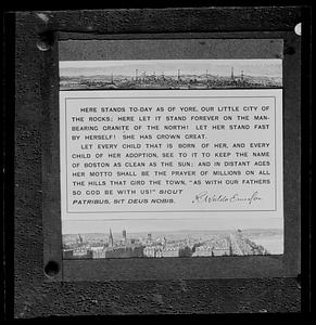 Copy negative of printed R.W. Emerson poem on Boston with facsimile signature and illustrations of Boston