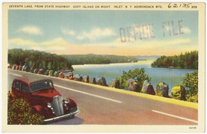 Seventh Lake, from state highway, Goff Island on right. Inlet, N. Y. Adirondack Mts.