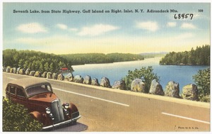 Seventh Lake, from state highway, Goff Island on right. Inlet, N. Y. Adirondack Mts.