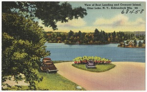 View of boat landing and Crescent Island, Otter Lake, N. Y., Adirondack Mts.
