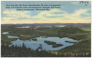 View from Blue Mt. Tower, showing Blue Mt. Lake in foreground, Eagle and Utowana Lakes left foreground. Raquette and Forked Lakes in background. Adirondack Mts.