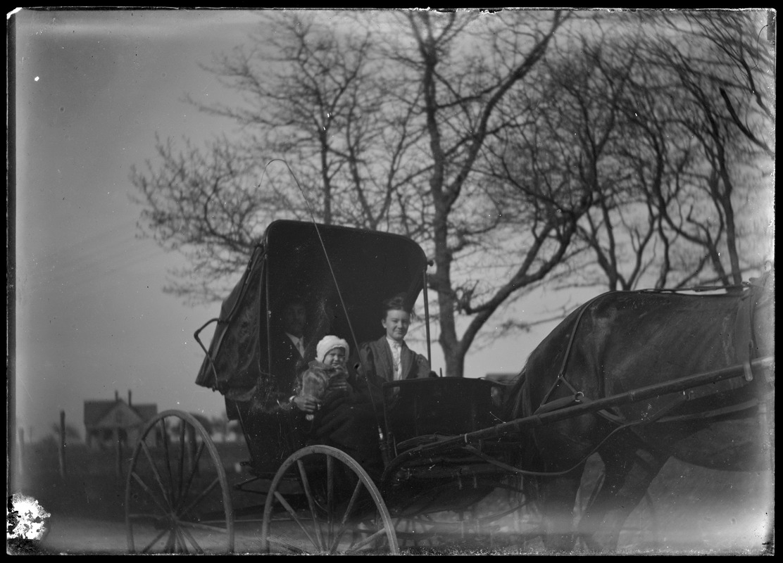 Man, woman, & child in buggy. House in background