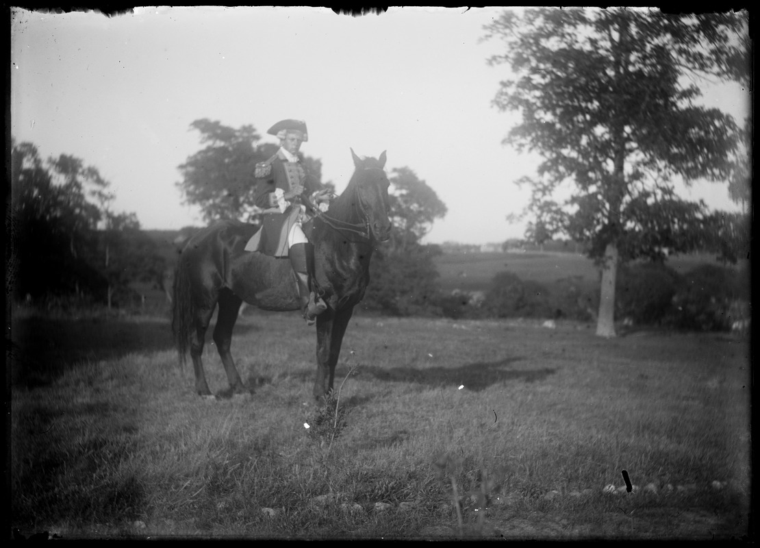 Man on horseback. Uniform w/ epaulettes & tricornered hat - costume?