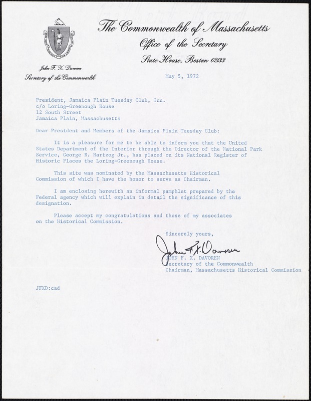[Letter] 1972 May 5, John F. X. Davoren to President, Jamaica Plain Tuesday Club, Inc.