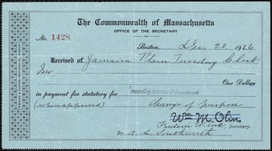 [Record of payment] 1926 December 20, Jamaica Plain Tuesday Club to the Commonwealth of Massachusetts