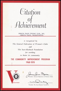 Citation of achievement, Jamica Plain Tuesday Club, Inc.