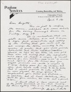 [Letter] 1981 April 9, Christopher P. Smith to Brigitte