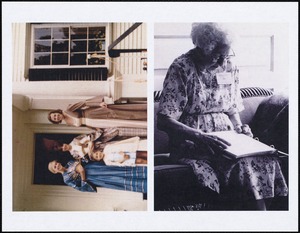 Two photographs, one of a group of people in constume, the other of an elderly woman