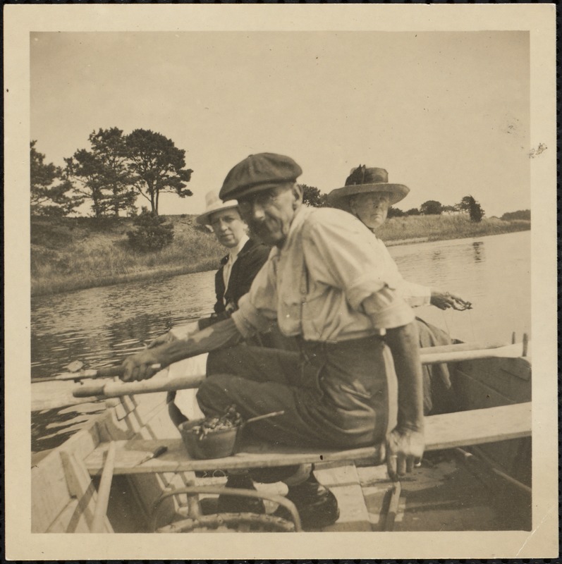 Prentiss Barnard "Barney" Hinckley (1857-1932) aboard his catboat with two passengers