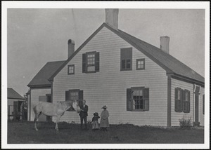 The Luther Hinckley homestead may date to the early 1700s. Prentiss Barnard "Barney" Hinckley is outside of the house with his niece.  Thespian, debater, and civic leader, Barney ran an oyster business on the river below this house, serving martinis to golfers on Seapuit golf course next to his oyster shack