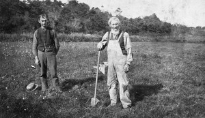 Ansel E. Fuller (1843-1924) working with his son Calvin in their cranberry bog south of the homestead on Cotuit Road