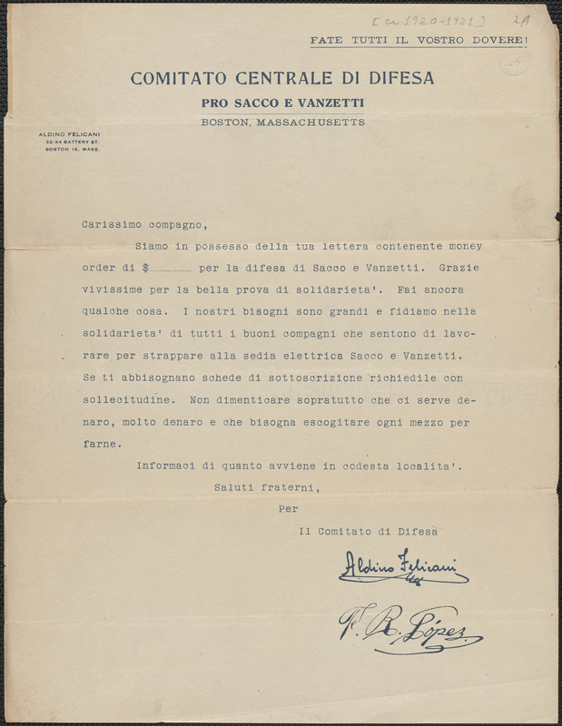 Aldino Felicani and Frank R. Lopez (Sacco-Vanzetti Defense Committee) typed letter, in Italian, (copy, circular), Boston, Mass., approximately [1920-1921]