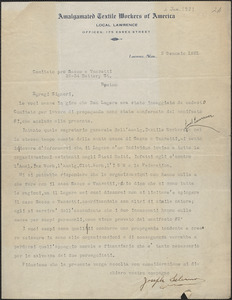 Joseph Salerno (Amalgamated Textile Workers of America, Local Lawrence) typed letter signed, in Italian, to Sacco-Vanzetti Defense Committee, Lawrence, Mass., January 2, 1921