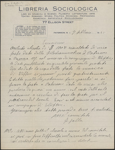 G. Gallo (Liberia Sociologica) autograph letter signed, in Italian, to Aldino Felicani, Paterson, N. J., February 7, 1921