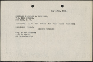 Aldino Felicani telegram (copy) to Comitato Italiano v. Politche, Boston, Mass., May 19, 1921