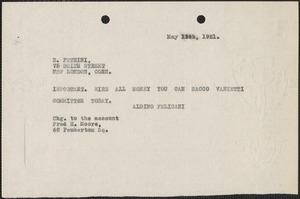 Aldino Felicani telegram (copy) to R. Petrini, Boston, Mass., May 19, 1921