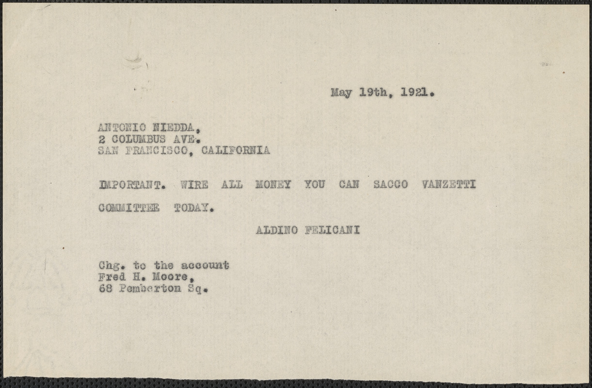 Aldino Felicani telegram (copy) to Antonio Niedda, Boston, Mass., May 19, 1921
