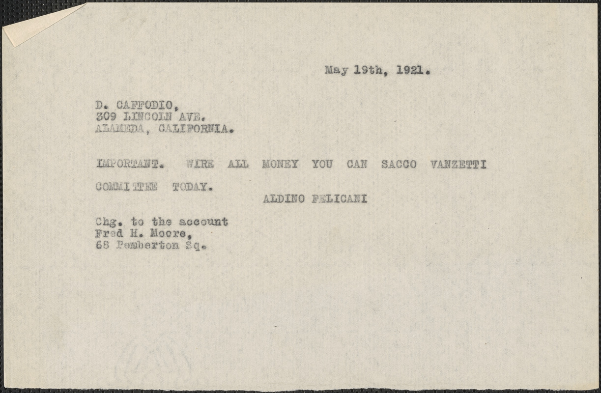 Aldino Felicani telegram (copy) to D. Caffodio, Boston, Mass., May 19, 1921