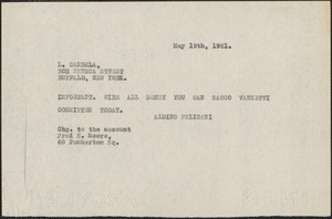 Aldino Felicani telegram (copy) to L. Candela, Boston, Mass., May 19, 1921