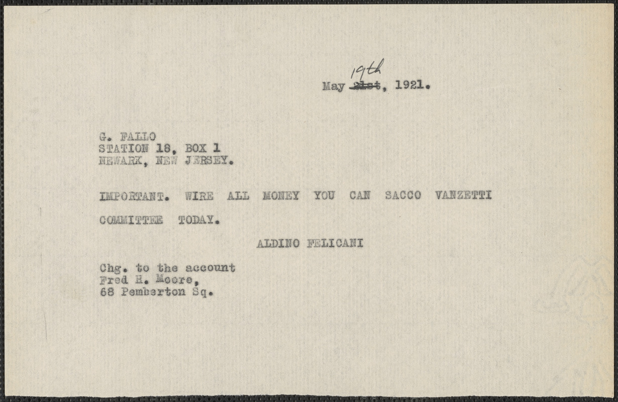 Aldino Felicani telegram (copy) to G. Fallo, Boston, Mass., May 19, 1921