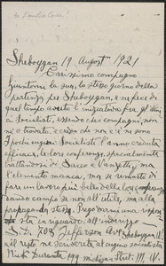 Saverio DiBenedetto autograph letter signed, in Italian, to [Emilio Coda?] Sheboygan, Wis., August 19, 1921