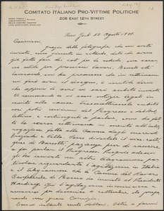 Luigi Quintiliano (Comitato Italiano Pro-vittime Politiche) autograph letter signed, in Italian, to [Sacco-Vanzetti Defense Committee?], New York, N. Y., August 22, 1921