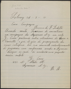 B. A. autograph letter signed, in Italian, to [Emilio Coda?], Solvay, N. J., August 24, 1921