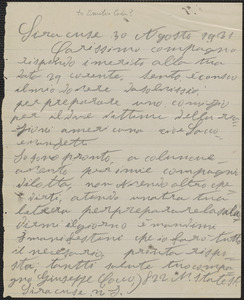 Giuseppe Cocco autograph letter signed, in Italian, to [Emilio Coda?], Syracuse, N. Y., August 30, 1921
