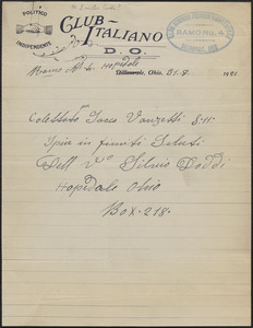 Silvio Doddi autograph note signed, in Italian, to Sacco-Vanzetti Defense Committee, Hopedale, Ohio, August 31, 1921