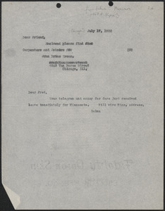 Selma C. Maximon typed letter (copy) to [Frank R. Lopez, Chicago, Ill.], July 17, 1922