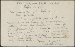 Elisabeth Gilman autograph note signed to Sacco-Vanzetti Defense Committee, Baltimore, Md., September 15, 1922