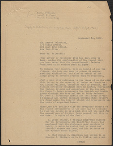 Sacco-Vanzetti Defense Committee typed letter (copy) to Ernest Valentini, care of Carlo Tresca, Boston, Mass., September 16, 1922