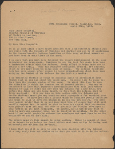 Selma C. Maximon typed letter (copy) to Agnes Campbell (Federal Council of Churches), Cambridge, Mass., April 17, 1923