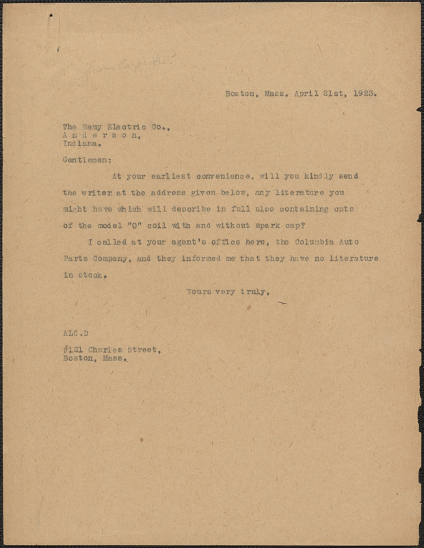 [A. Carpenter?] typed note (copy) to Remy Electric Co., Boston, Mass., April 21, 1923