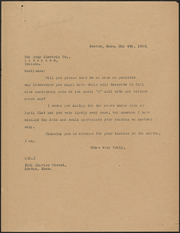 [A. Carpenter?] typed letter (copy) to Remy Electric Co., Boston, Mass., May 4, 1923