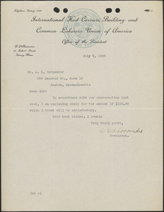 D. D'Alessandro (International Hod Carriers', Building and Common Laborers' Union of America) typed letter signed to A. L. Carpenter, Quincy, Mass., July 9, 1923