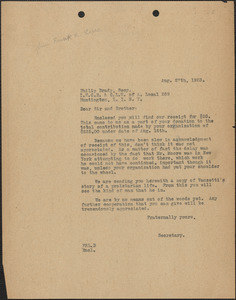Frank R. Lopez (Sacco-Vanzetti Defense Committee) typed letter (copy) to Philip Brady (International Hod Carriers', Building and Laborers' Union of America, Local 259), Boston, Mass., August 27, 1923