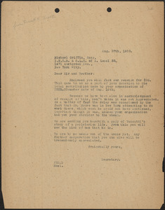 Frank R. Lopez (Sacco-Vanzetti Defense Committee) typed letter (copy) to Michael Griffin (International Hod Carriers', Building and Common Laborers' of America, Local 33), Boston, Mass., August 27, 1923