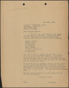 Frank R. Lopez (Sacco-Vanzetti Defense Committee) typed letter (copy) to F. Paul. A. Vaccarelli (International Hod Carriers', Building and Common Laborers' Union of America), Boston, Mass., August 27, 1923