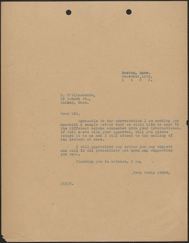 A. L. Carpenter typed letter (copy) to D. D'Alessandro (International ...