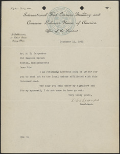 D. D'Alessandro (International Hod Carriers', Building and Common Laborers' Union of America) typed letter signed to A. L. Carpenter, Quincy, Mass., December 11, 1923