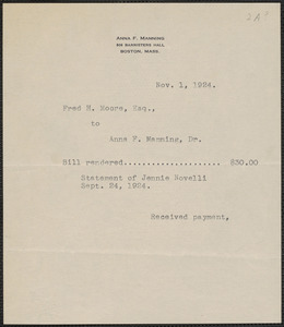 Anna F. Manning typed note to [Sacco-Vanzetti Defense Committee], Boston, November 1, 1924