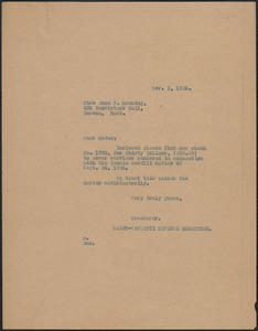 Sacco-Vanzetti Defense Committee typed note to Anna F. Manning, Boston, Mass., November 5, 1924