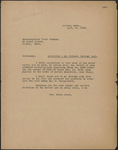 [Sacco-Vanzetti Defense Committee] typed letter (copy) to Mr. Priest (Massachusetts Trust Company), Boston, Mass., September 21, 1925