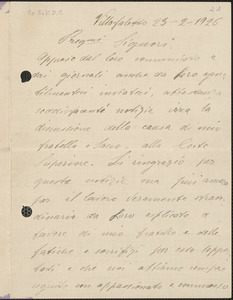 Luigia Vanzetti autograph letter signed, in Italian, to Sacco-Vanzetti Defense Committee, Villafaletto, Italy, February 23, 1926