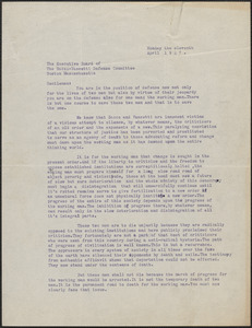 Abraham typed letter signed to Sacco-Vanzetti Defense Committee, Boston, Mass., April 11, 1927