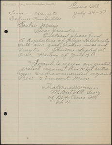M. Butvill (International Labor Defense) autograph letter signed to Sacco-Vanzetti Defense Committee, Cicero, Ill., July 24, 1927