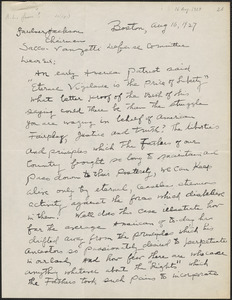 Autograph letter signed to Gardner Jackson, Boston, Mass., August 16, 1927